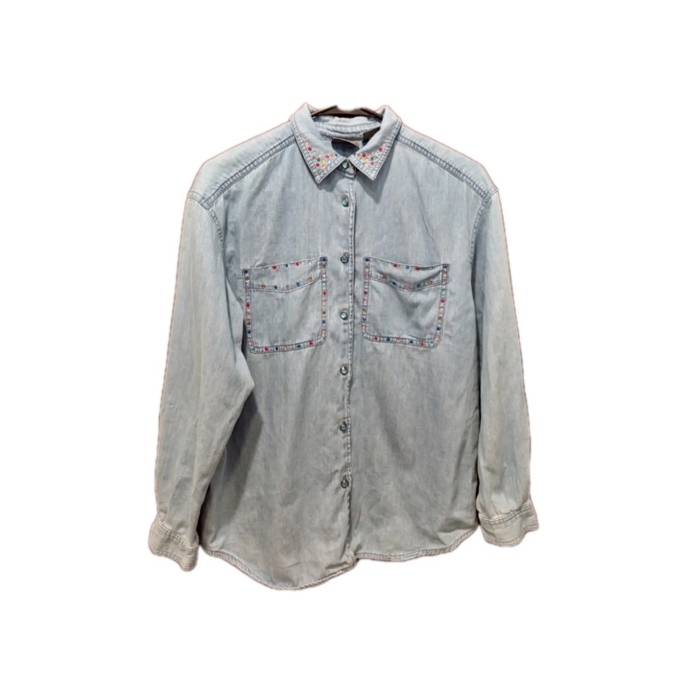 Vintage‎ 90s Rhinestone Western Denim Button Up Shirt Petite Small Bohemian